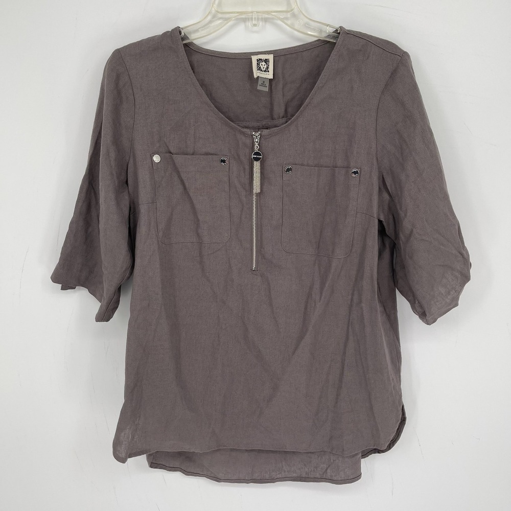 Anne Klein Women's Taupe Linen Blend Half Zip Short Sleeve Utility Blouse Size M